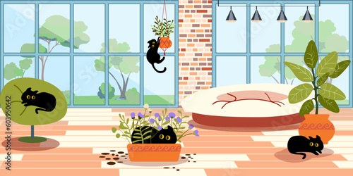 Cute cats play at home. Place for animals. The playful cat broke the flower pot and scattered the soil. Cats in the room. Pet friendly. Vector illustration of an interior with animals.