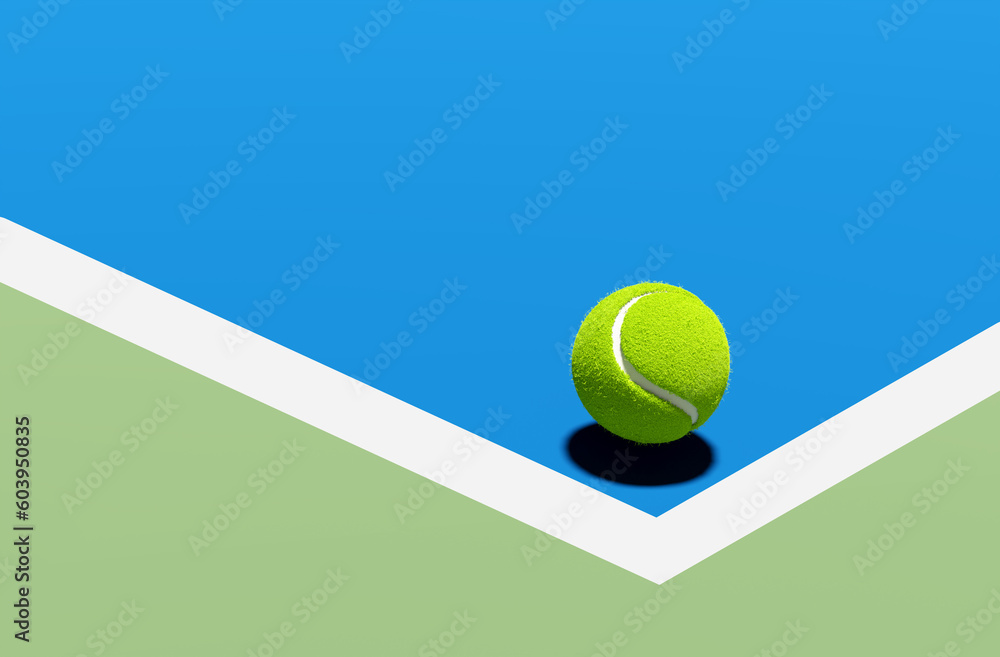 Tennis ball on the corner of the line on blue tennis court. Abstract 3D rendering.