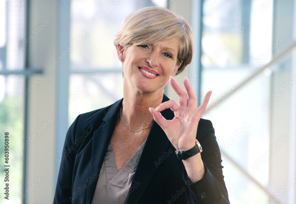Portrait, smile and business woman with ok sign in office for success, agreement or yes. Face, mature and female professional with okay hand gesture, emoji or perfect, excellence or thank you at work Portrait, smile and business woman with ok sign in office for success, agreement or yes. Face, mature and female professional with okay hand gesture, emoji or perfect, excellence or thank you at work