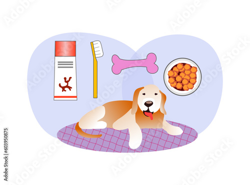 Vector illustration about the benefits of caring for the teeth of dogs. Satisfied dog, toothbrush and paste.Oral hygiene for dogs. Dental care images. Gum disease prevention. Dental care. Raising