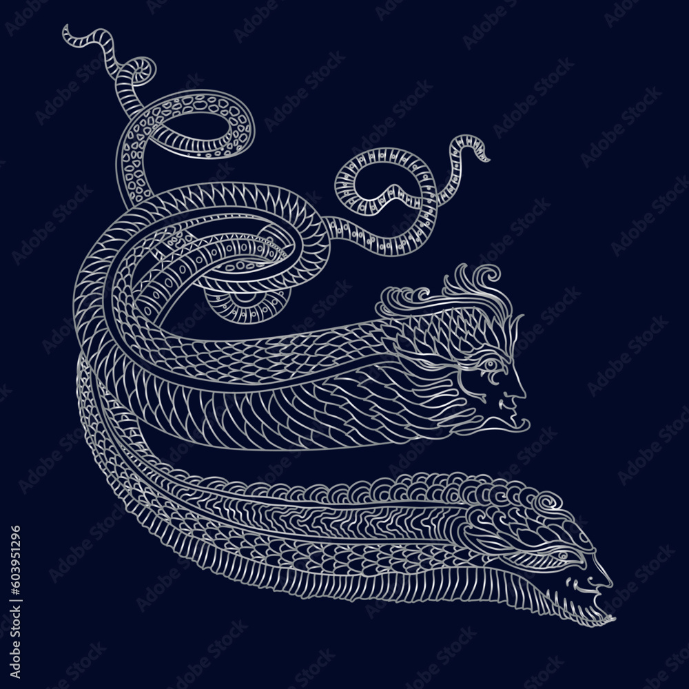 Vector silver contour drawing of fantasy underwater snake men on a ...