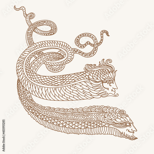 Vector brown contour drawing of fantasy underwater snake men on a beige background. Mystical image, occult symbol, esoteric illustration 