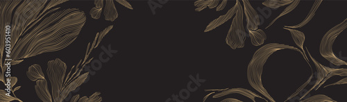 Abstract art template with geometric pattern. Japanese background with gold hand drawn line flower pattern vector. Floral decoration backdrop design in vintage style. 