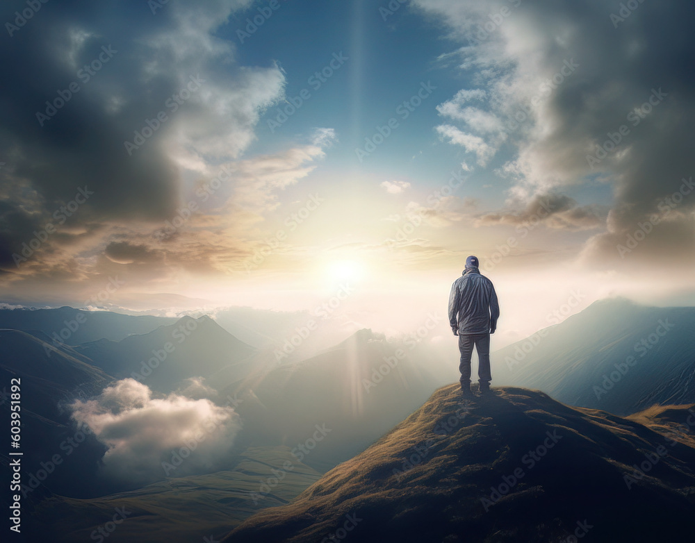 a person standing on top of a mountain viewing clouds and the sunrise, in the style of swiss style, photo-realistic landscapes