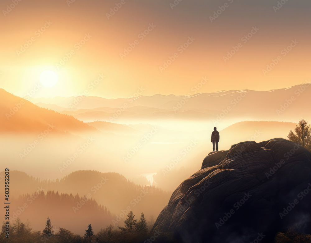 a person standing on top of a mountain viewing clouds and the sunrise, in the style of swiss style, photo-realistic landscapes