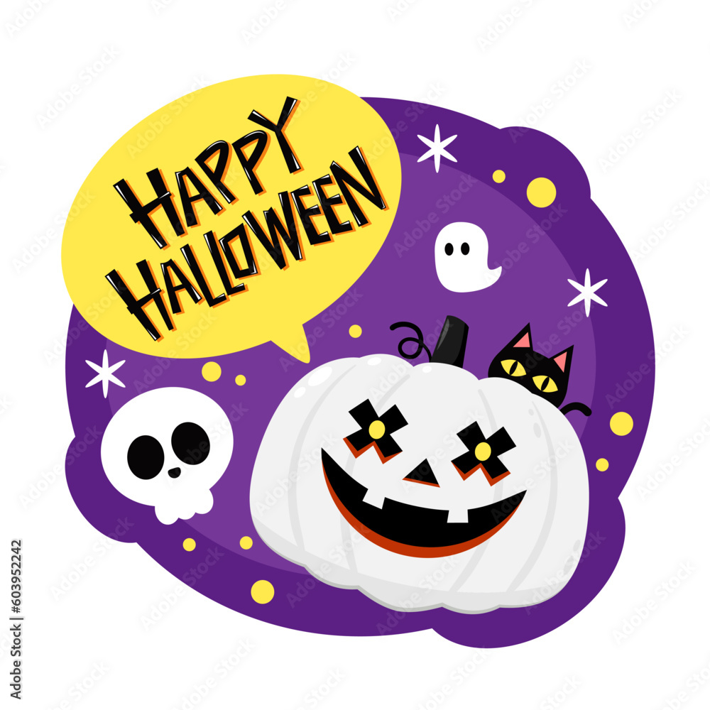Happy halloween greeting card with cute pumpkin. Holidays cartoon character. Halloween pumpkin head vector.