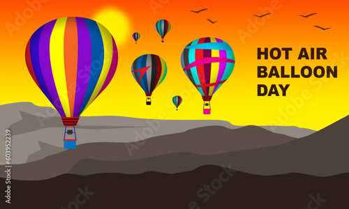 several hot air balloons with colorful colors are in the air with a sunrise background and bold text commemorating Hot Air Balloon Day on June 5