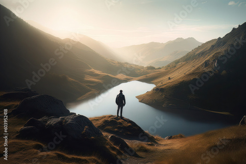 person standing in the mountains while looking into the water, in the style of luminous reflections, pastoral landscape
