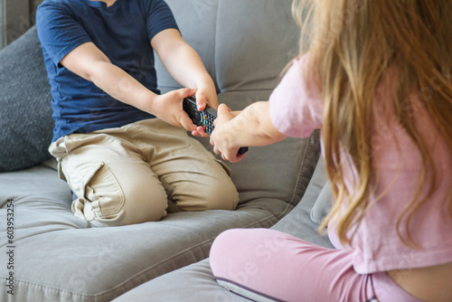 Brother and sister fighting over the TV remote control