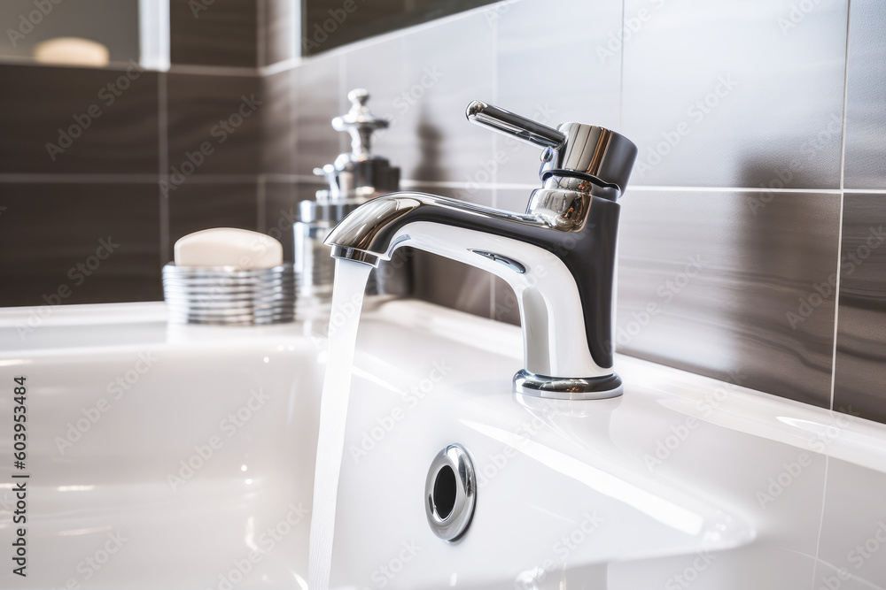 Flow water in modern bathroom with sink. Generative AI. Flow water in modern bathroom with sink. Generative AI.