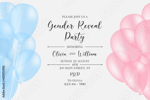 Invitation for gender reveal party with pink and blue balloons. Vector flat illustration for card, , design, flyer, poster, decor, banner, web, advertising.