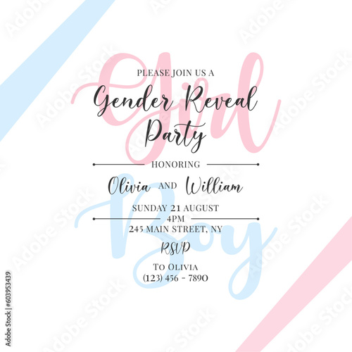 Invitation for gender reveal party with pink and blue balloons. Vector flat illustration for card, , design, flyer, poster, decor, banner, web, advertising.