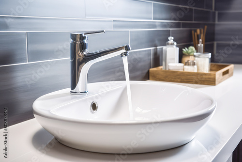 Flow water in modern bathroom with sink. Generative AI. 