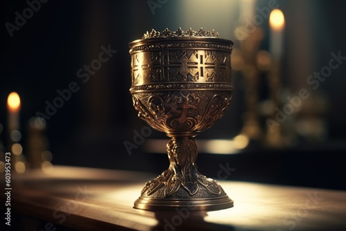 Eucharist Feast of Corpus Christi. Jesus Christ in the monstrance present in the Sacrament of the Eucharist. holy grail, bronze gold cup with christian and religious cross. Jesus Christ. Generative AI