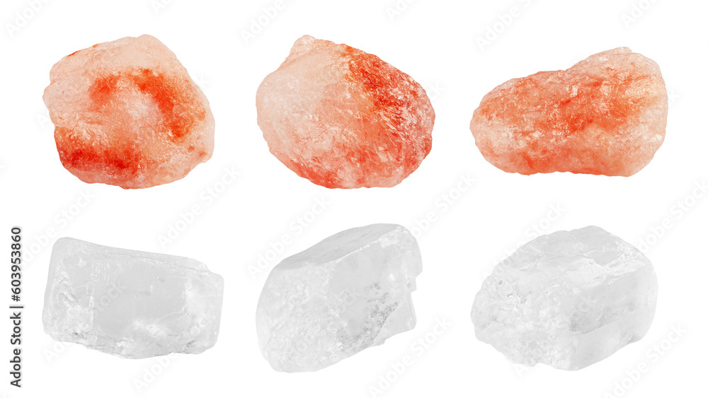 rock sea and pink himalayan Salt isolated on white background, full depth of field