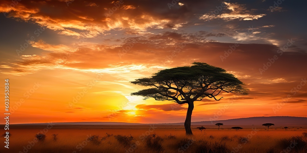 AI Generated. AI Generative. Photo realistic illustration of sunset tree of life outdoor scene. Graphic Art