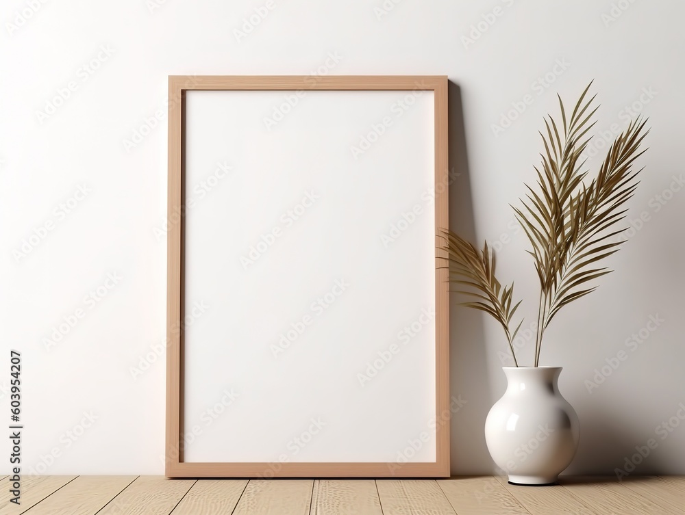 Blank picture frame mockup. Modern vase with dry leaves on wooden table. Decorative boho interior. minimal decor concept. Empty wall background Blank picture frame mockup. Modern vase with dry leaves on wooden table. Decorative boho interior. minimal decor concept. Empty wall background