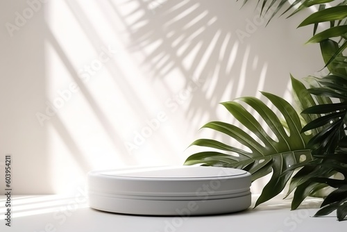 Smooth round white podium in sunlight, tropical palm leaf shadow for on white table countertop, product background