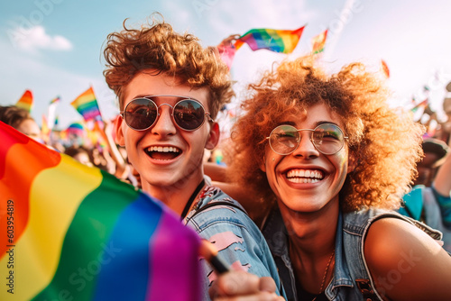 Two young boys with lgtbi flags at the gay pride demonstration