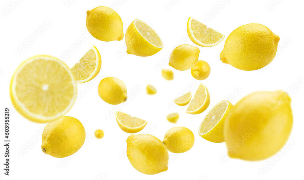 Flying delicious lemon fruits, cut out Flying delicious lemon fruits, cut out
