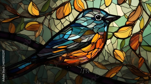 Generative AI. Silhouette of a bird on a stained-glass window