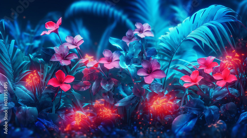 Lush Botanical Flowers and Leaves with Muted Blue Luminescent and Glowing Color Tone - Tropical Neon - Generative AI © AnArtificialWonder