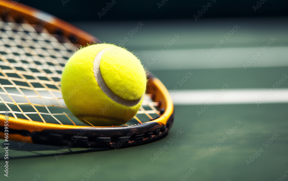 Tennis racket with a ball in tennis court, Close up macro shot