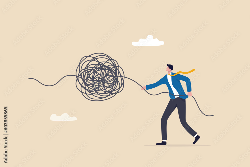 Unravel tangle problem, solving difficult knot chaos or messy issue, complicated or complex problem difficulty, confusion or business trouble concept, businessman manager unravel tangled rope. - obrazy, fototapety, plakaty 