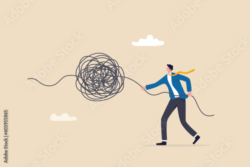 Unravel tangle problem, solving difficult knot chaos or messy issue, complicated or complex problem difficulty, confusion or business trouble concept, businessman manager unravel tangled rope.