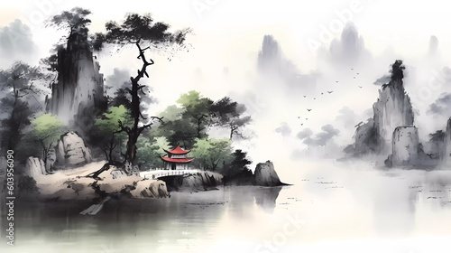 Hand-painted beautiful Chinese ink landscape painting 