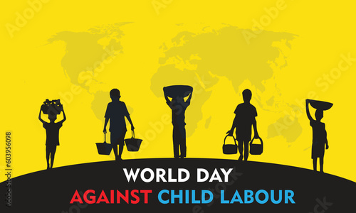 World Day Against Child Labour design. It features silhouette of children on yellow background with world map. Vector illustration