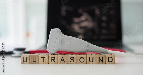 Medical equipment in clinic of ultrasound of internal organs. Modern ultrasound machine scanners and sensors closeup photo