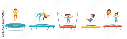 Happy Kids Jumping on Trampoline Bouncing and Having Fun Vector Set