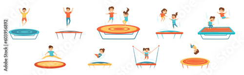 Happy Kids Jumping on Trampoline Bouncing and Having Fun Vector Set
