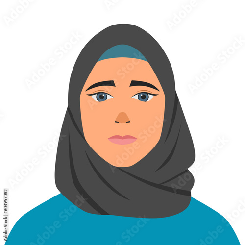 Muslim woman in hijab. Portrait of a young arab girl in simple dress. Vector avatar in cartoon style. Flat illustration