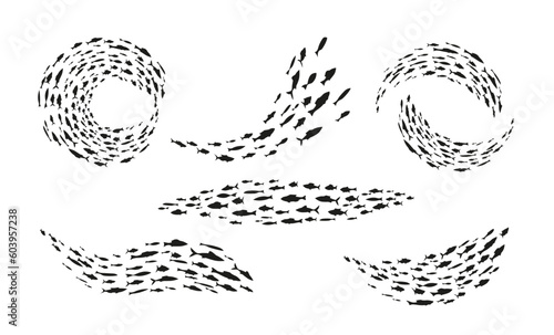 Fish flock floating different shape monochrome black silhouette set vector illustration