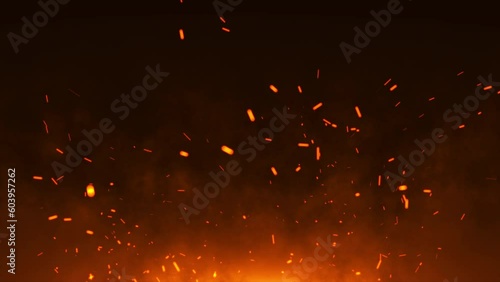 3D animation. Burning red hot sparks rise from large fire seamless loop. Backdrop of bonfire, light and life. 3D animation of fiery orange glowing flying ember particles on black background