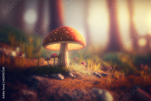 Mystery mushroom on the bump. Fairytale background with mystic mushroom. Generated AI.