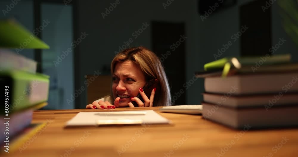Woman manager in fear calls office phone and is afraid of thunderstorm. 911 call and panic attack Woman manager in fear calls office phone and is afraid of thunderstorm. 911 call and panic attack