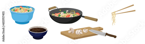 Chinese Noodles with Vegetables in Bowl and Frying Pan Vector Set