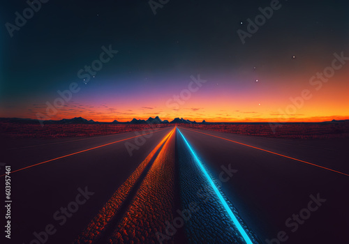 Road to the horizon concept with synthwave colors. Abstract background with surreal night way in 80s style. Generated AI.