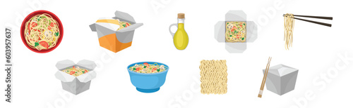 Chinese Noodles with Vegetables in Bowl and Cardboard Box Vector Set
