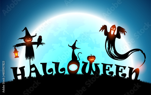 illustration halloween festival background,full moon on dark night with black cat and scarecrow on the grave,many ghost and devil walking to castle for celebration halloween day