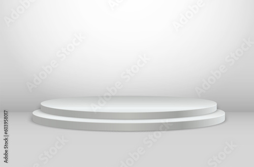 White 3d podium mockup in different shapes. Pedestal and platform, stand stage, cylinder. Template for promotional items. Round and square empty stages and podium stairs vector 3d template.