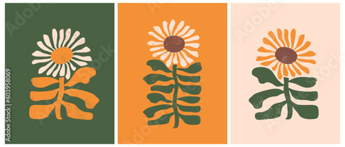 Simple Hand Drawn Floral Vector Illustration Set. Boho Style Print with Abstract Sunflowers on a Green, Ivory and Orange Background. Decorative Botanic Graphic ideal for Wall Art, Poster, Card, Decor.
