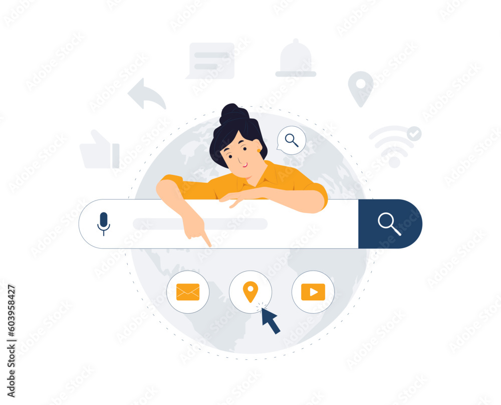 Search engine, browsing, online, search bars, seo analytic. Woman pointing at web browser online search engine bars seo optimization concept illustration Search engine, browsing, online, search bars, seo analytic. Woman pointing at web browser online search engine bars seo optimization concept illustration