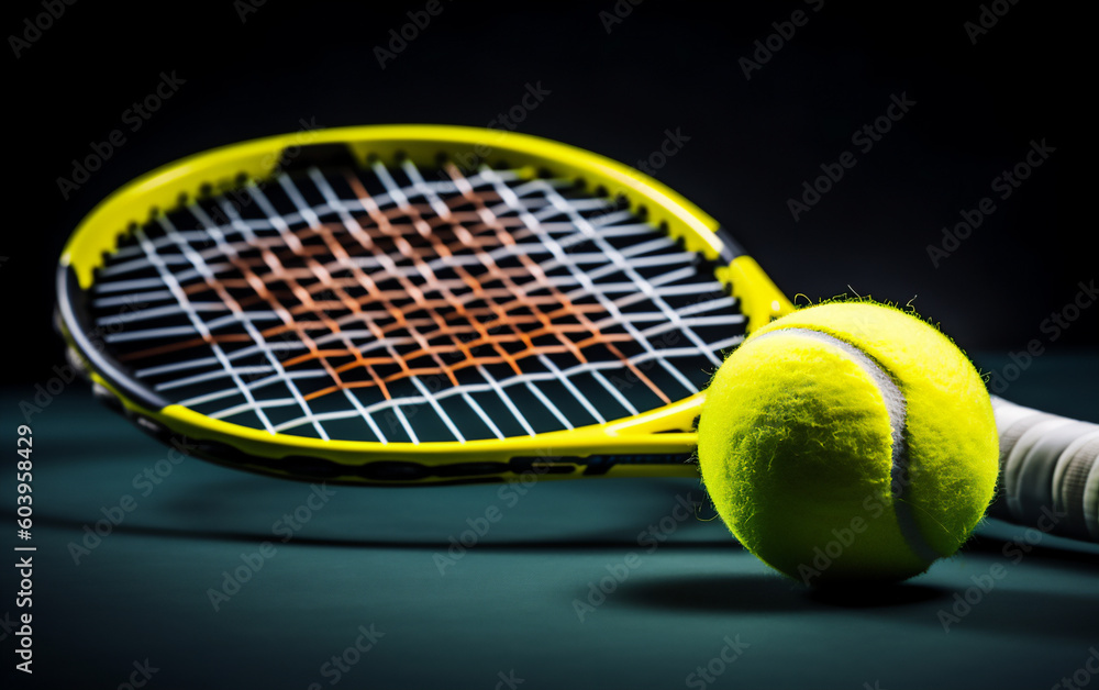 Tennis Racket with a ball in tennis court, Macro Photography, close up