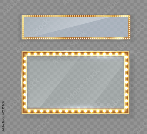 Makeup mirror isolated with lights. Vector square and round frames. Vector template.