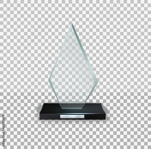 Achievement and success. Set of glass trophy award. Crystal prize with blank golden plank 3D. Competition winner reward. Realistic glass trophy award, clear diamond winner prizes. Vector illustration