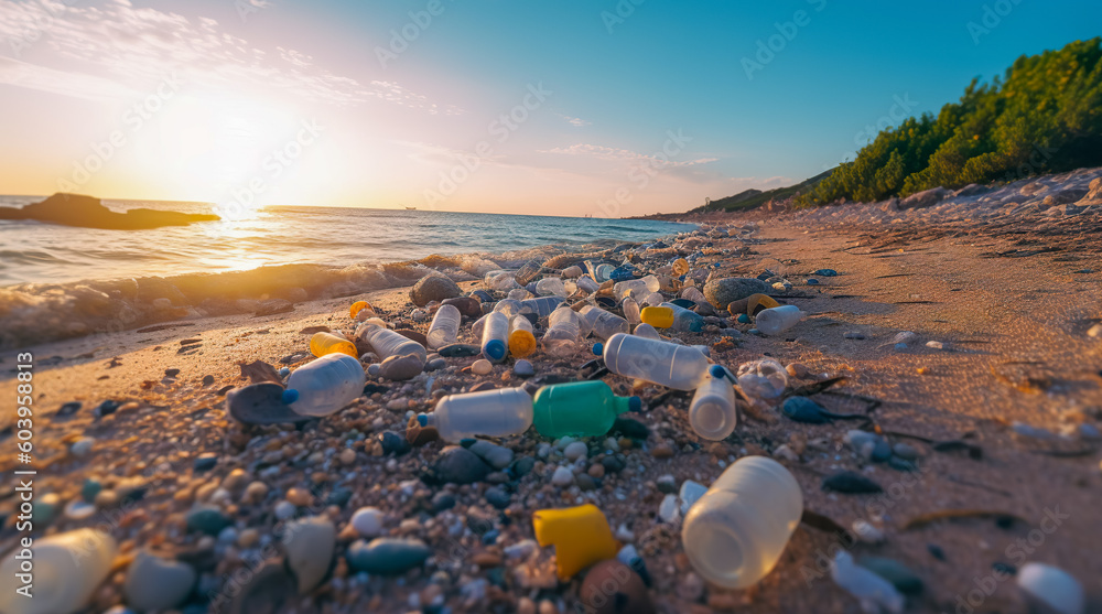 Plastic pollution in ocean. Problem plastic bottles and microplastics on beach. Marine plastic pollution concept. Generative AI